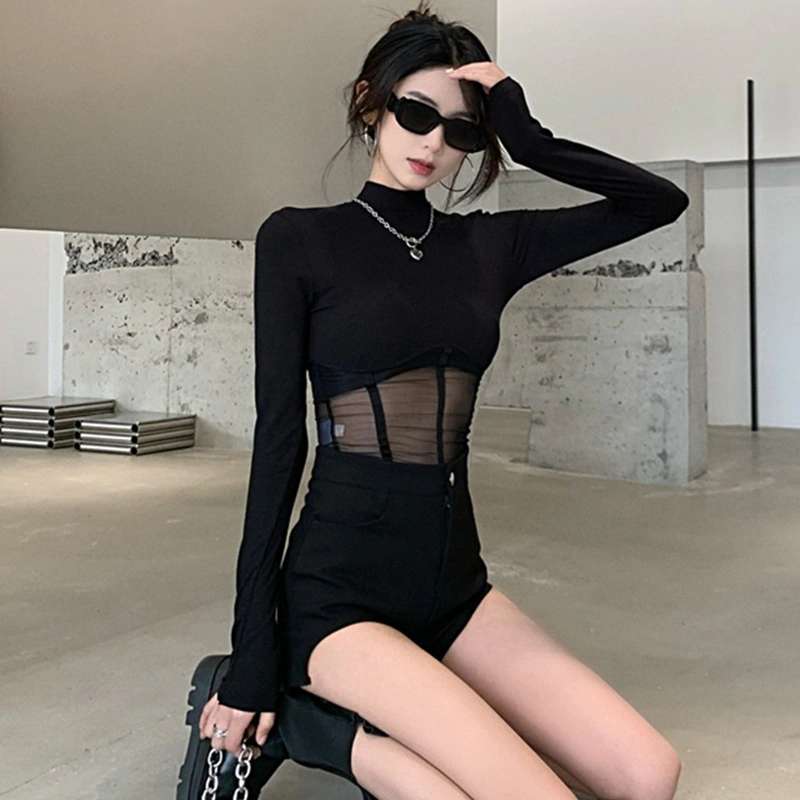 Women's Spring Autumn Skinny T-shirt Black Long Sleeve High Neck Mesh Patchwork Tops