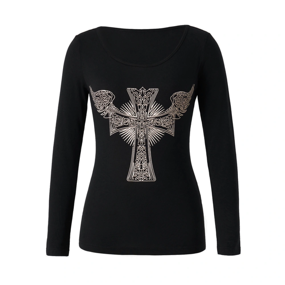 Women's Round Neck Tops, Bohemian Wings Cross Printed Long Sleeve Slim Fit T-Shirts