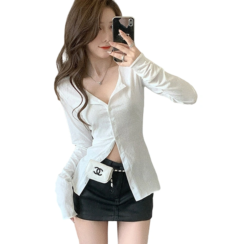 Women Long Sleeve Tops Casual Solid Color V-neck Button Up Shirt Cardigan Blouse for Streetwear