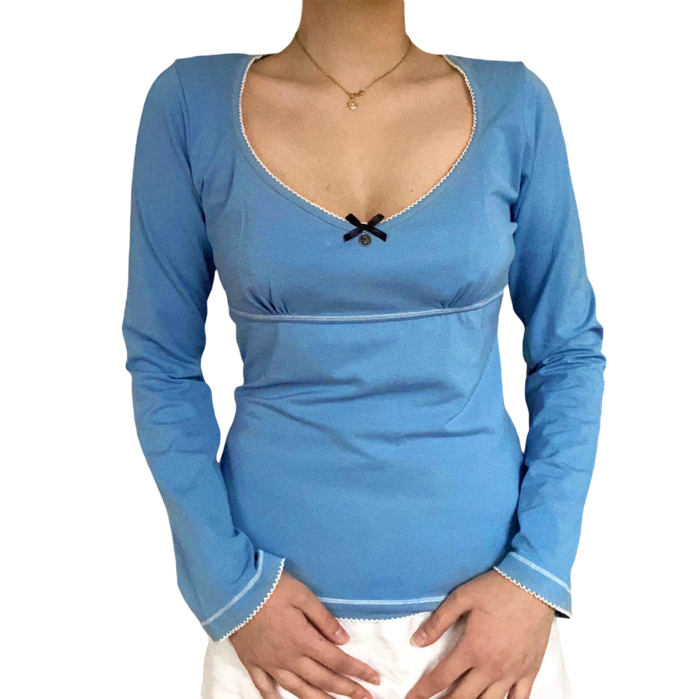 Women's Spring Autumn Slim Tops Blue Long Sleeve Low Cut T-shirt with Bowknot Decor