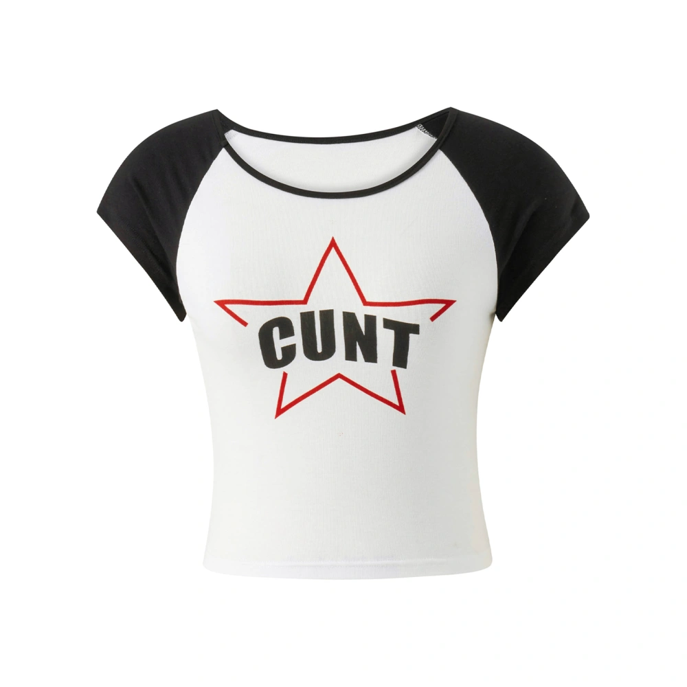 Women Summer Basic T-Shirt, Star Letter Print Patchwork Short Sleeve Fitted Tee Tops for Females, White