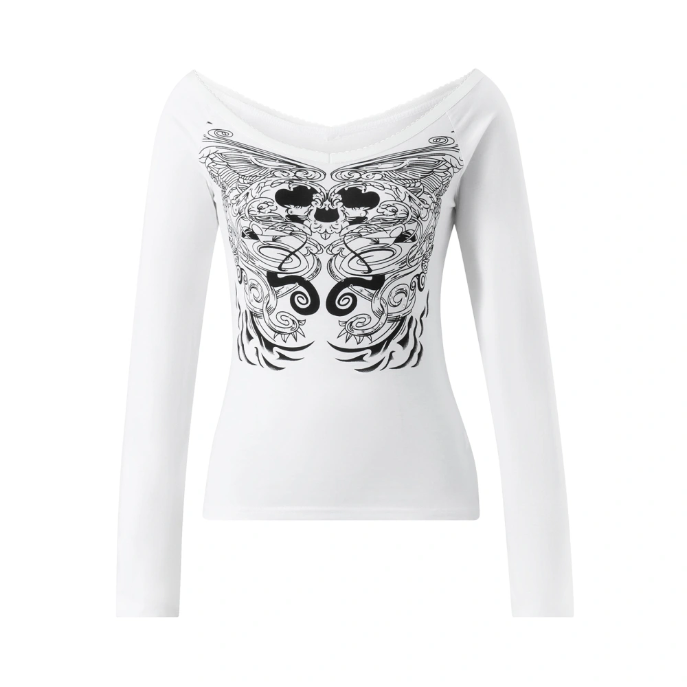 Women Gothic Pullover, Skull Print Off-the-shoulder Slim Fit Tops