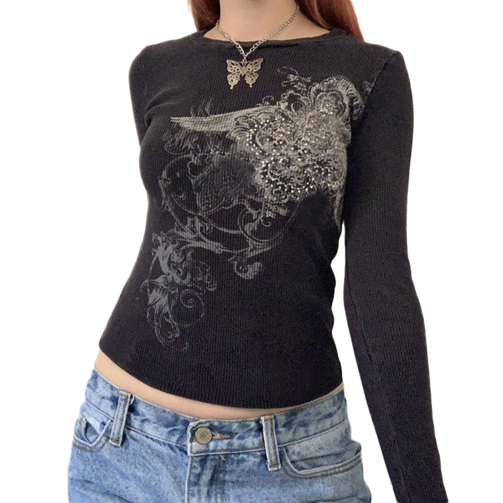 Women Long Sleeve T-shirt Casual Round Neck Vintage Print Crop Tops