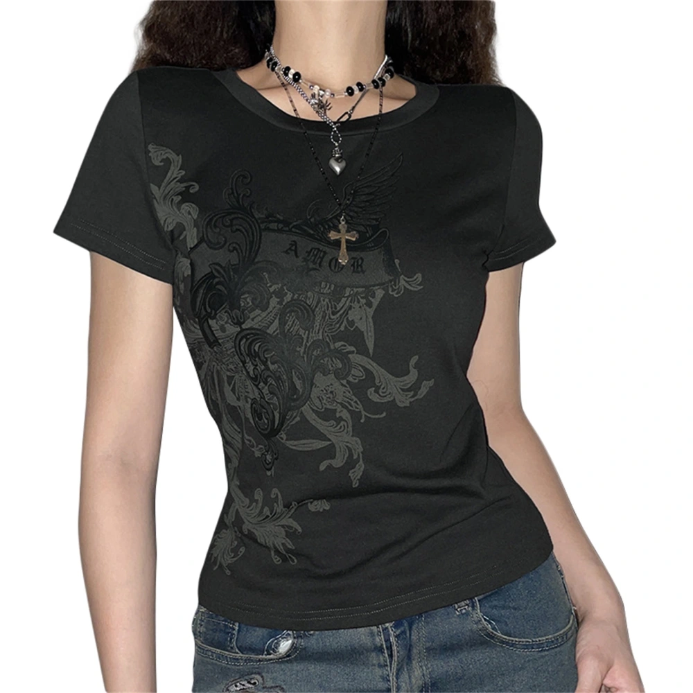 Women Short Goth T-shirt, Slim-fit Contrast Color Floral Print Short Sleeve Round Neck Pullover