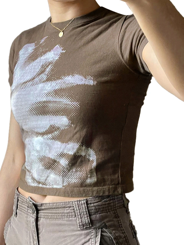 Women's Short Sleeve Crop Tops, Round Neck Tie Dye Abstract Print Show Navel T-Shirts for Spring Summer