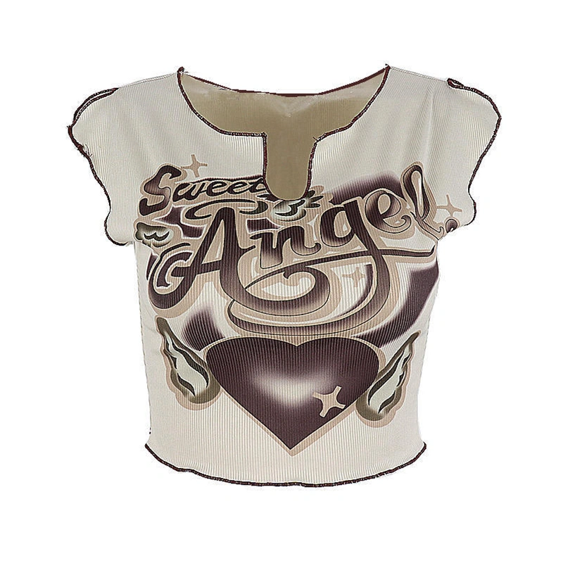 Women Summer Crop Tops, Lettering Heart Pattern Short Sleeve Ribbed Vintage Casual Streetwear