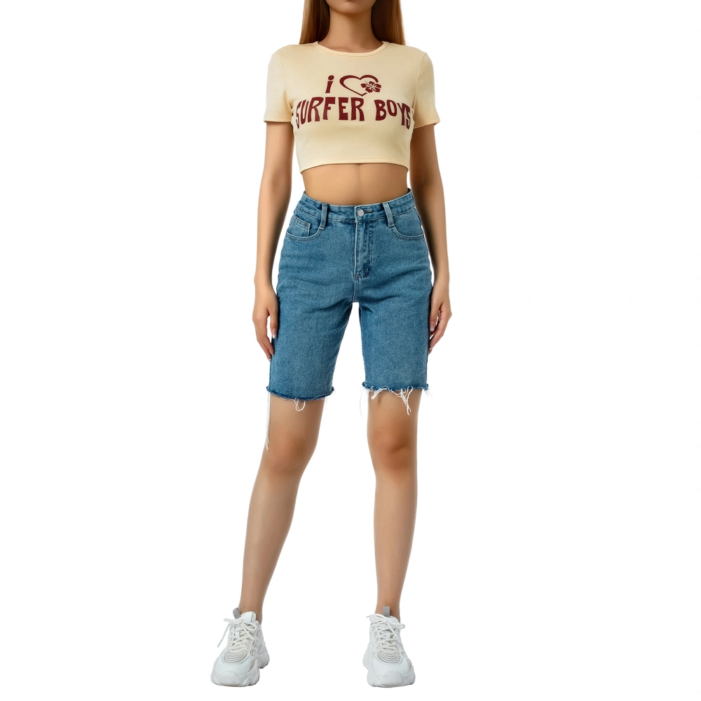 Women Casual Crop Tops, Adults Letter & Heart & Flower Print Short Sleeve Round Neck T-shirt