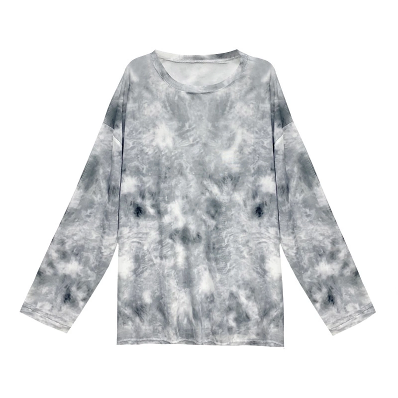 Women's Long Sleeve T-Shirt, Tie-Dye Print Round Neck See-Through UV Protection Pullover, Ultra-Thin Streetwear Tops