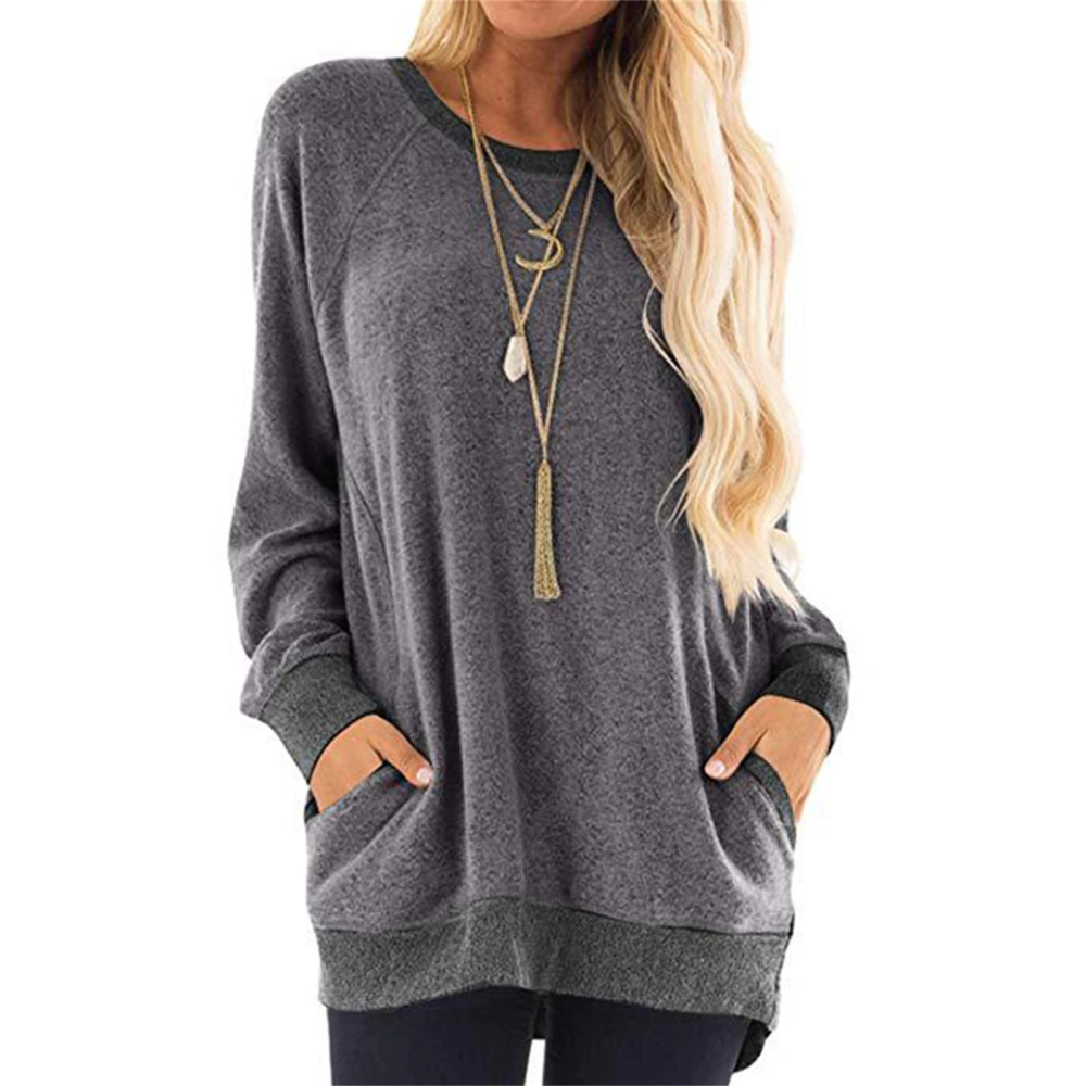 Ladies Medium-length Tops, Women Autumn Leisure Style Solid Color Side Pocket Long Sleeve Round Collar Loose T-shirt