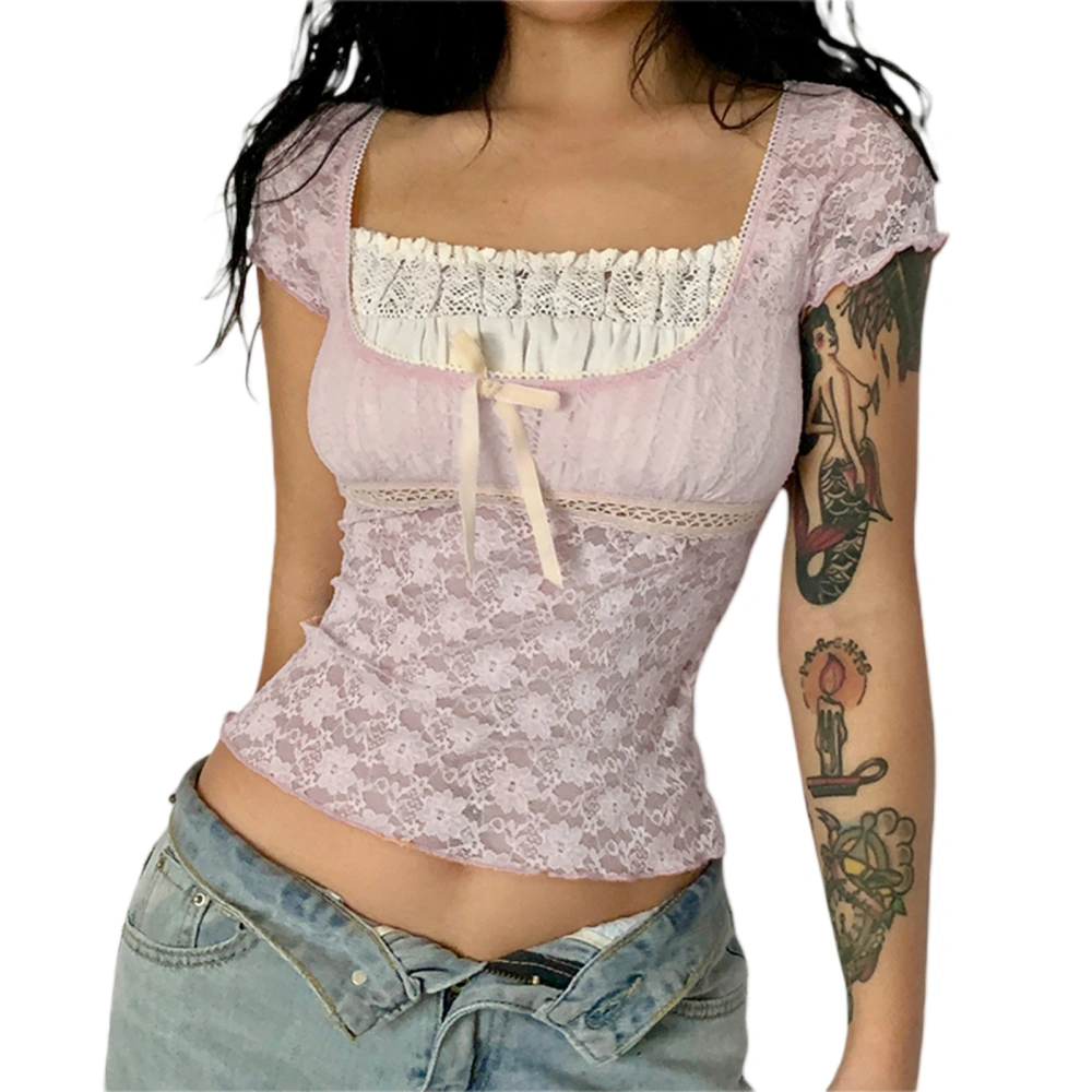 Women Short Sleeve T-shirt Patchwork Transparent Lace Clothes Tops