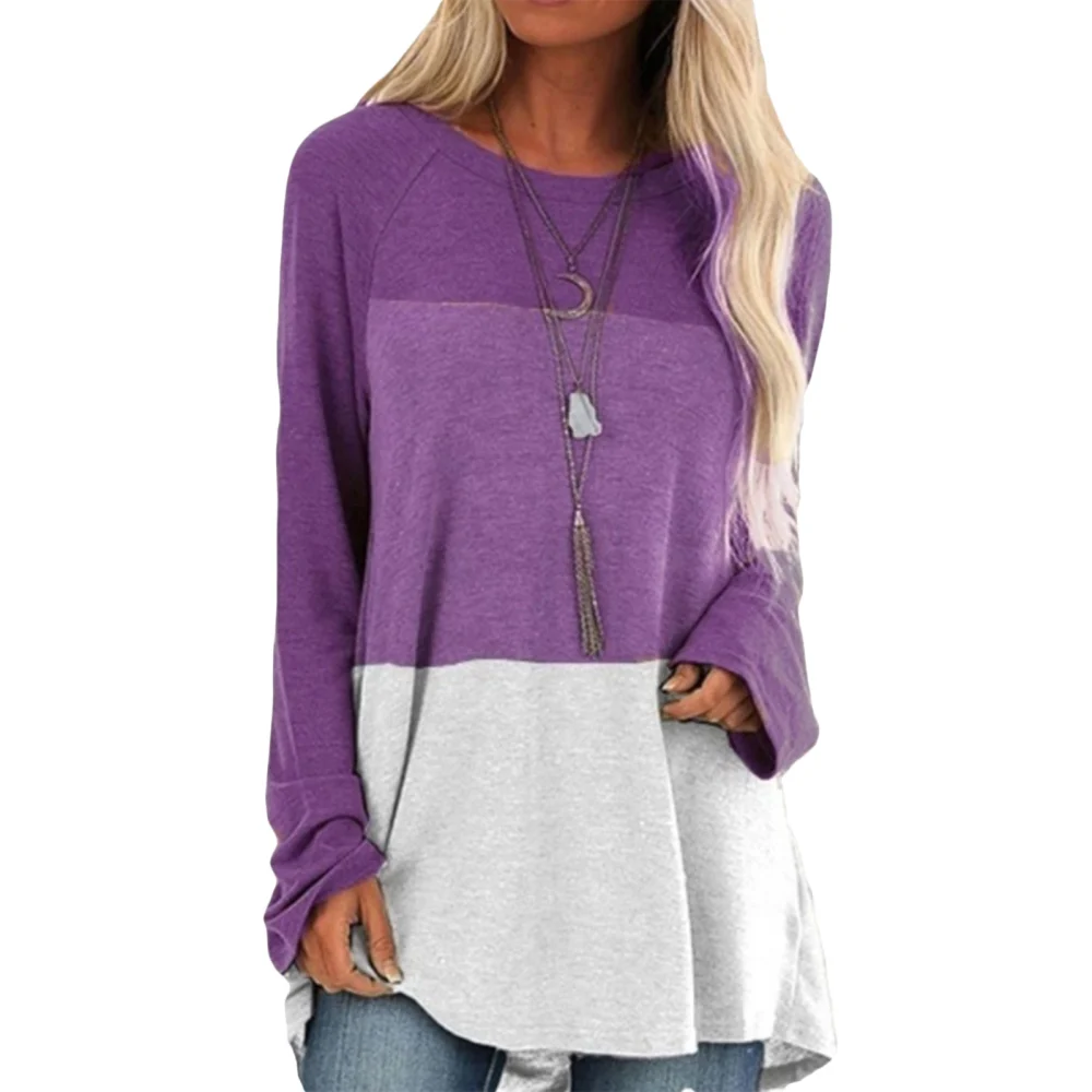 Women Patchwork T-shirt, Adults Casual Contrast Color Round Neck Long Sleeve Pullover