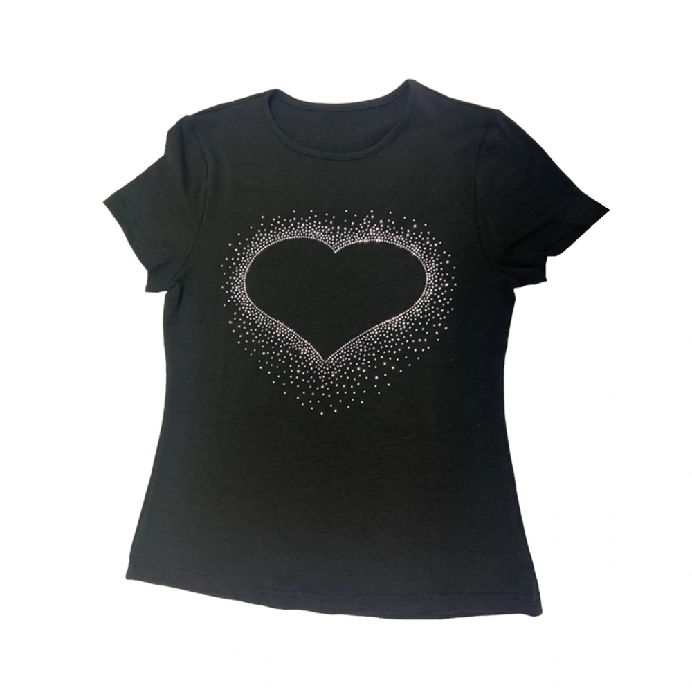 Women Short Rhinestone T-Shirt, Adults Casual Love Pattern Short Sleeve Round Neck Pullover