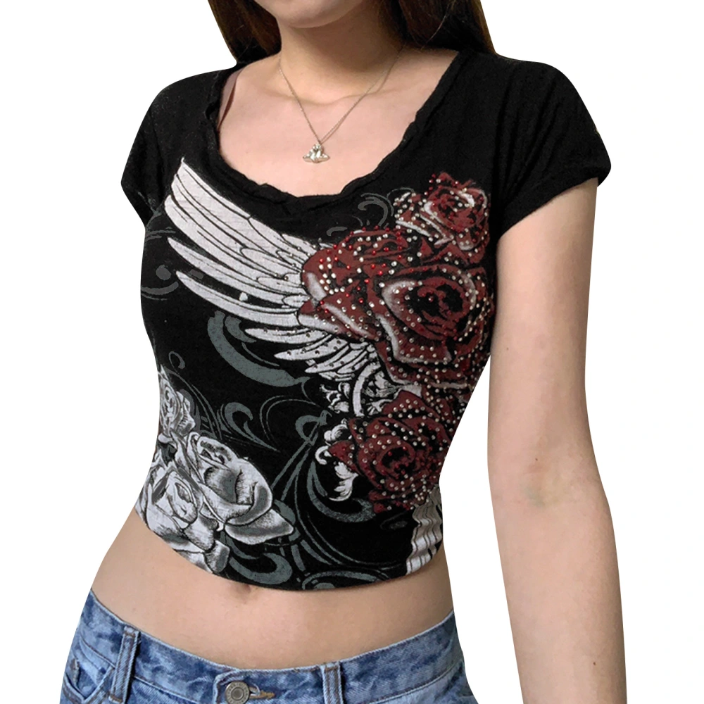 Women's Short Sleeve Short T-Shirt, Flower Wing Print O-Neck Tops