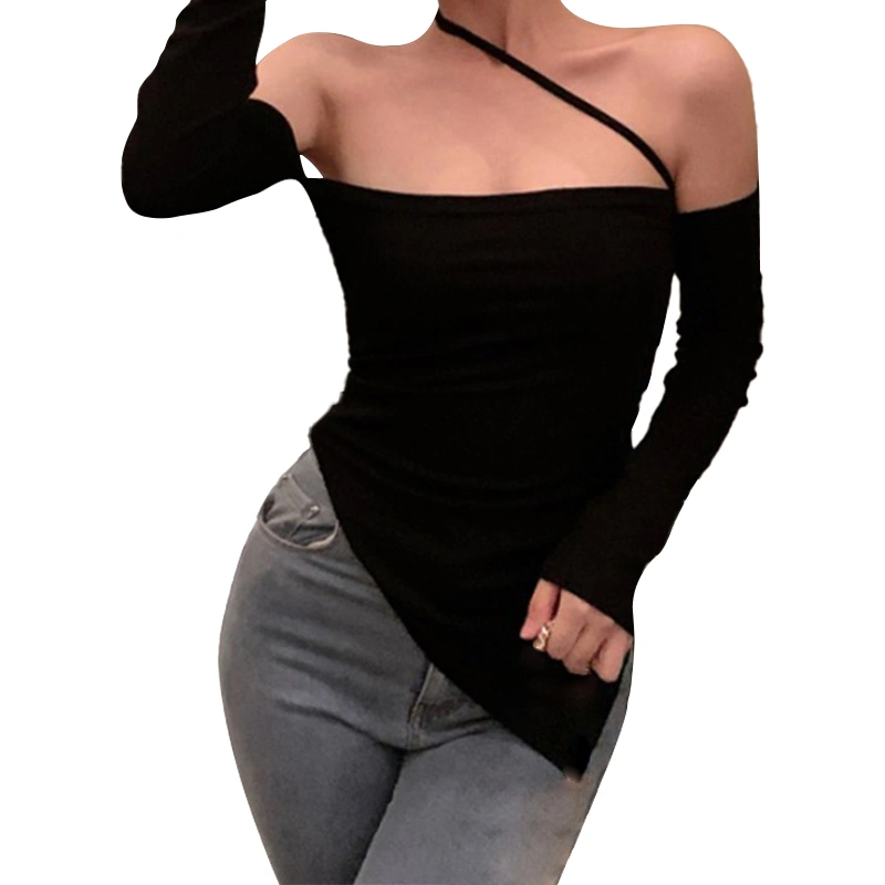 Women Sexy Top Shirt, Long Sleeve Off-Shoulder Halter Irregular Hem Tops, Ladies Spring/Fall Slim Pullover Shirts