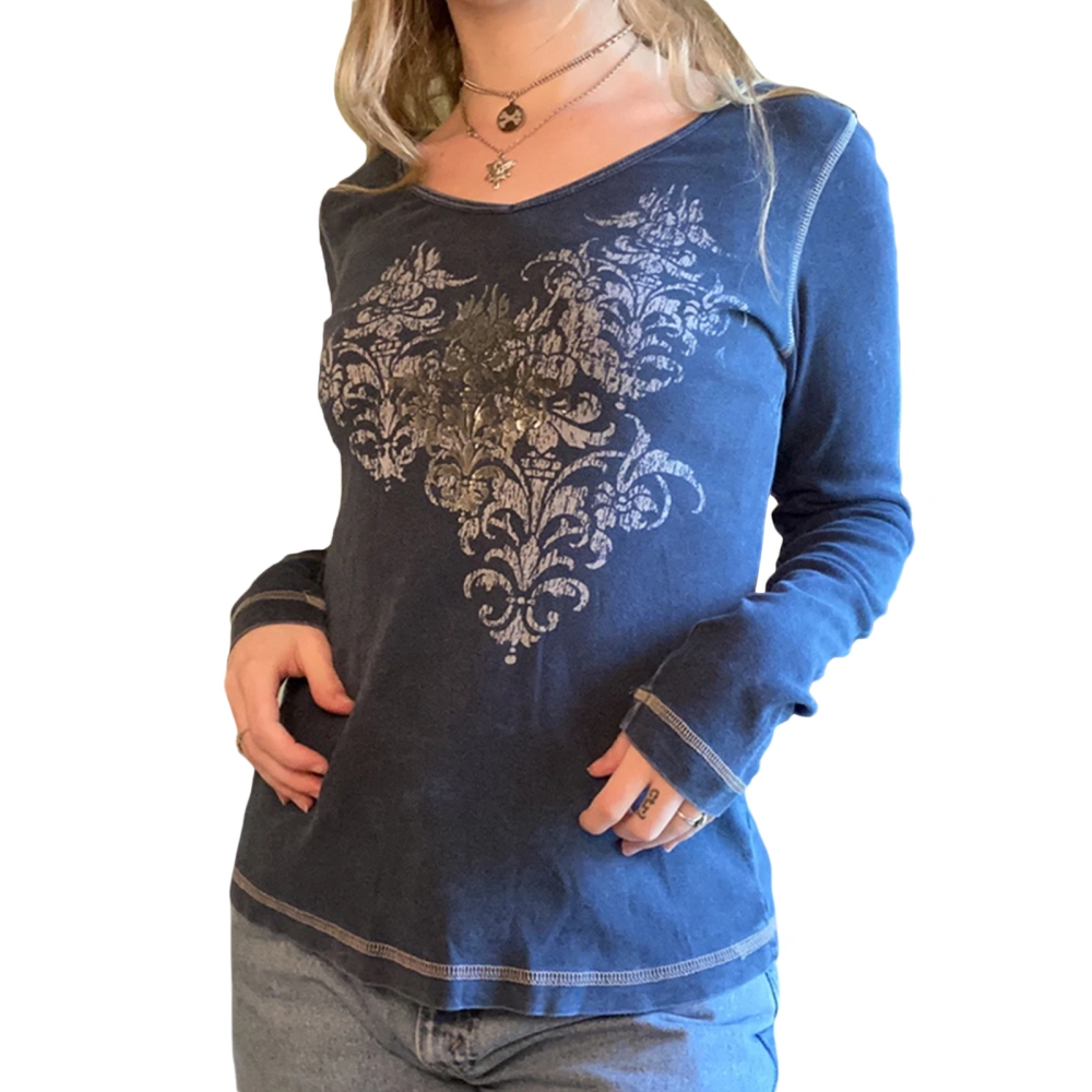 Women's V Neck Tops, Floral Print Contrast Stitch Long Sleeve T-Shirts