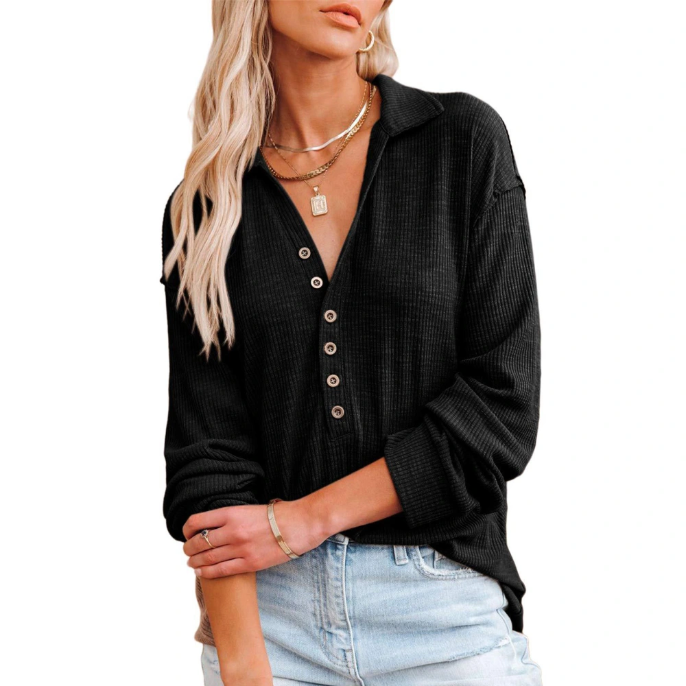 Female Solid Color Turn-Down Collar Long Sleeve Tops with Buttons