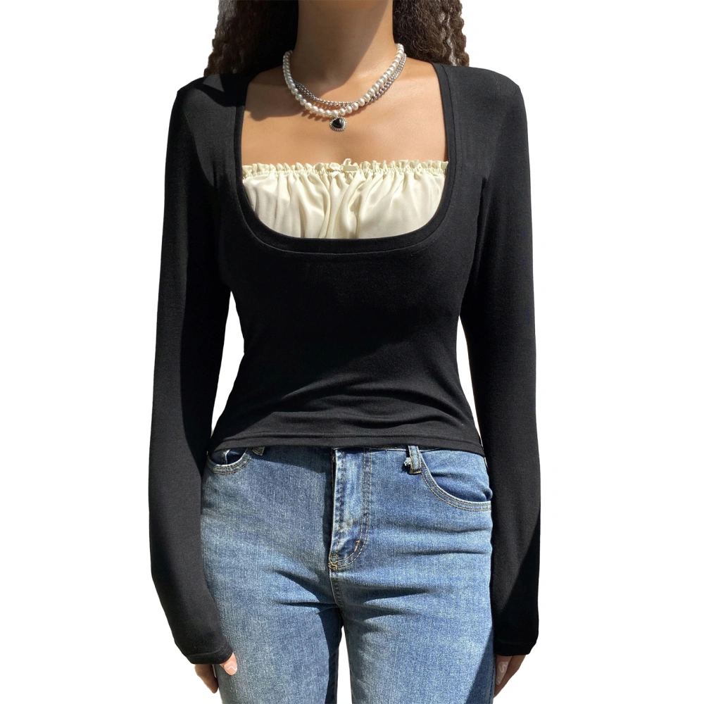 Women Shirt, Fake-2-Piece Long Sleeve Square Neck Slimming Casual Party Fall Tops, Black