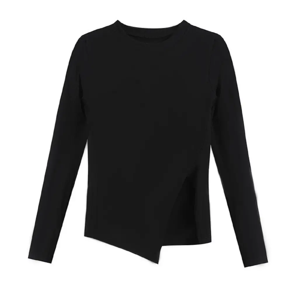 Ladies Casual Round Collar T-shirt, Simple Style Women Autumn Solid Color Long Sleeve Side Split Tops Slim Base Shirt