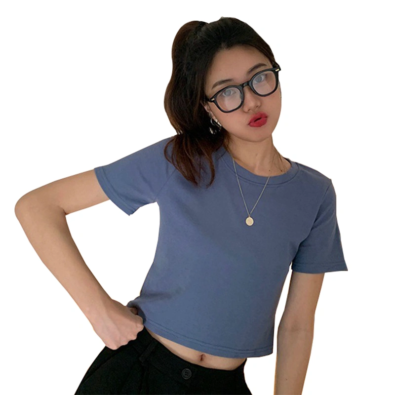 Women's Solid Color T-Shirts, Casual Short Sleeve Crew Neck Slim Fitted Crop Tops