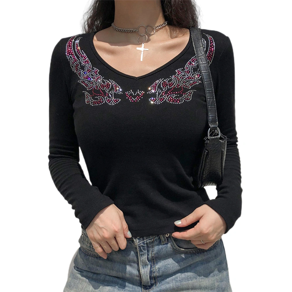 Ladies Sexy V-neck Tops, Women Autumn Creative Heart Wings Rhinestone Decoration Long Sleeve Blouse Slim Base Shirt