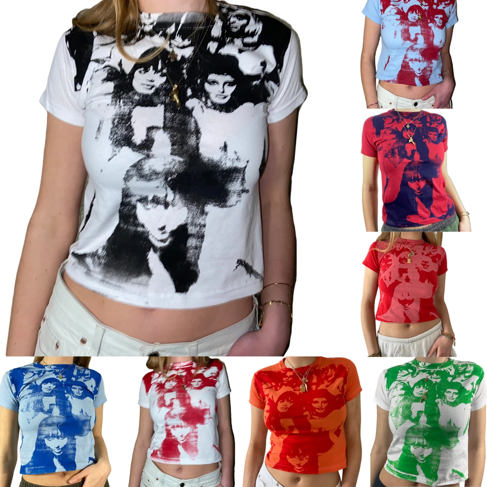 Women Portrait Printed T-Shirt, Short Sleeve Round Neck Slim Fit Tops