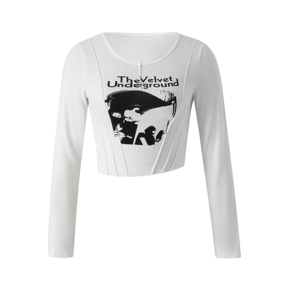 Women Letter Print Cropped Tops, Long Sleeve Irregular Hem Pullover