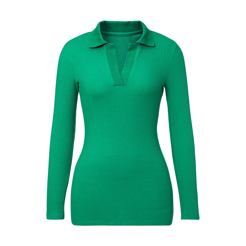 Women's Rib Knit Tops, Long Sleeve Lapel V Neck Solid Color T-Shirts