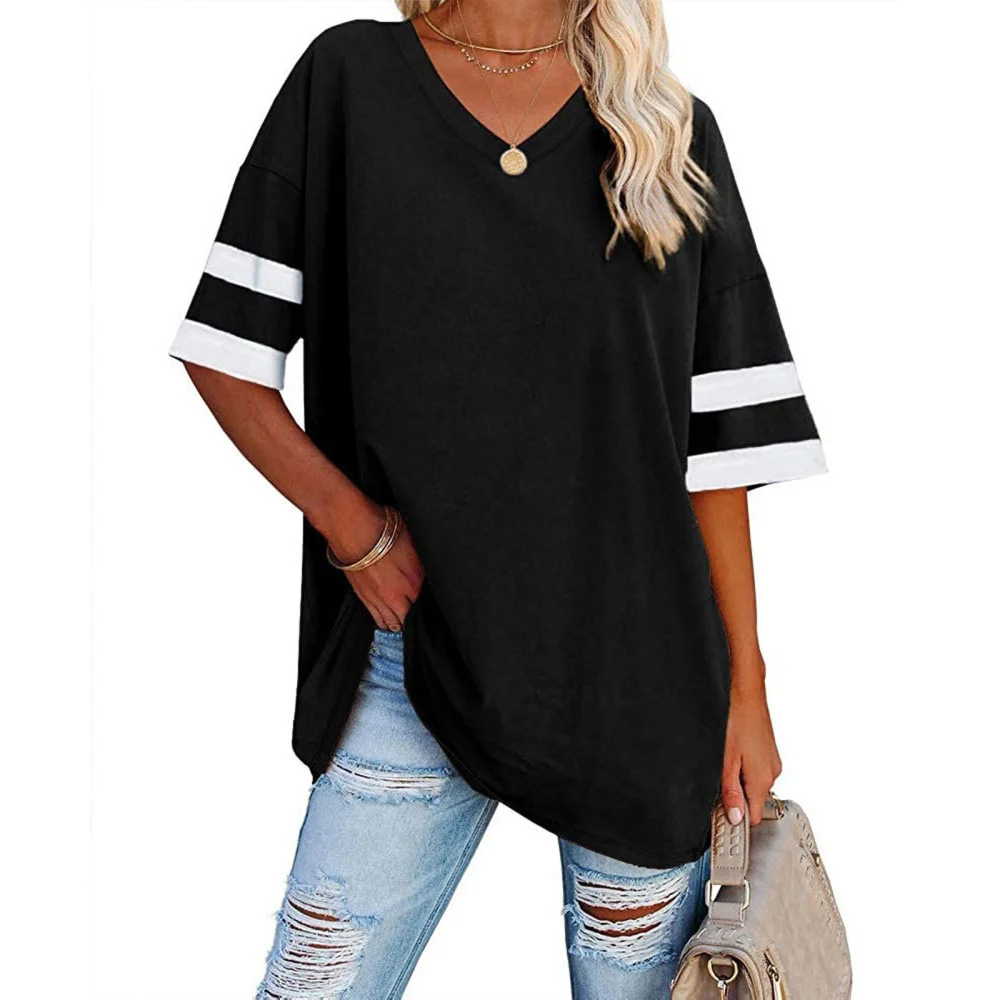 Women Contrast Color T-shirt, Loose Fit Half Sleeve V-neck Pullover for Summer, S-XXL