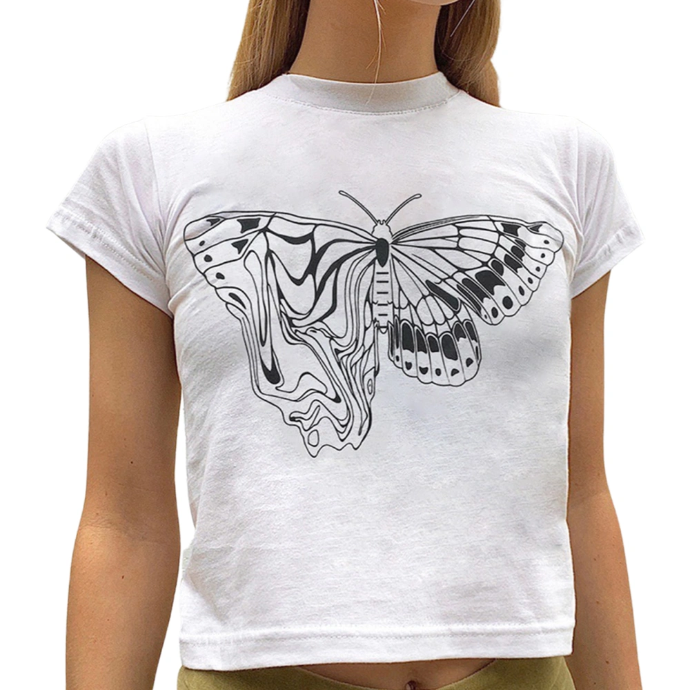 Women Casual T-shirt, Butterfly Print Short Sleeve Round Neck Pullover