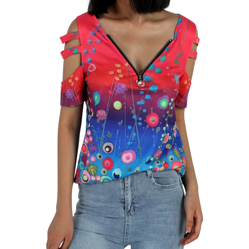 Women Printed T-shirt, Short Cutout Sleeve Zippered V-neck Pullover