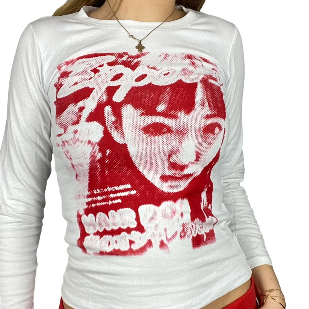 Female Human Face Print Round Collar Long Sleeve T-Shirt Blouse