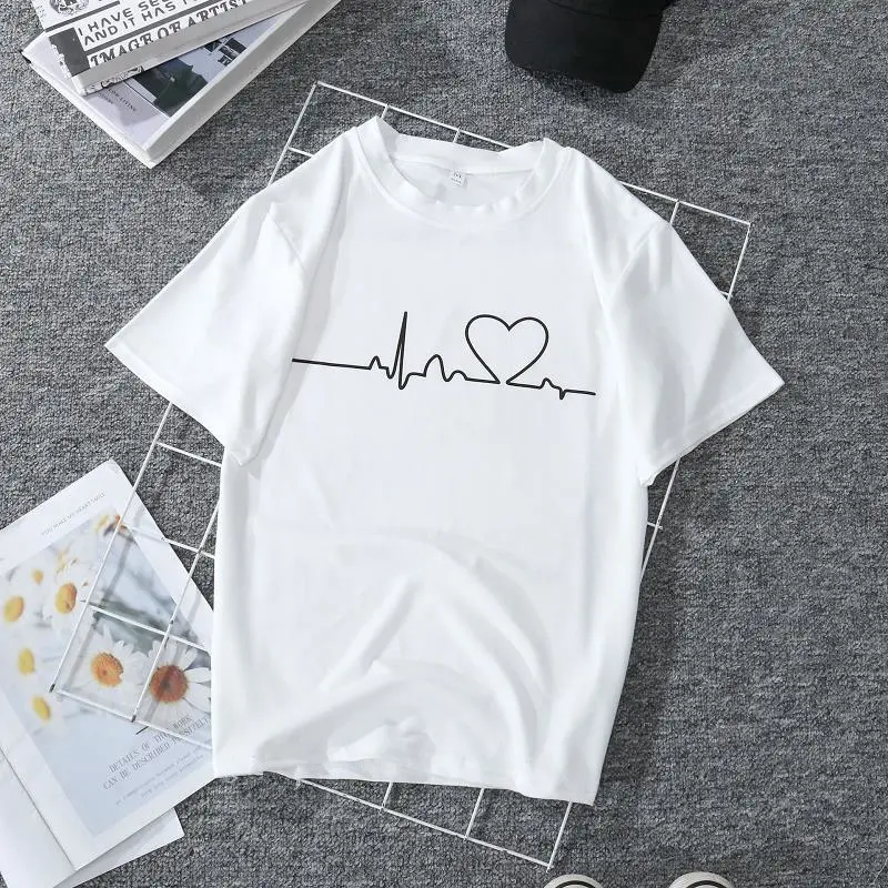 Women Fashion Short Sleeve Electrocardiogram Print T-shirt Stylish Round Neck Tops for Ladies