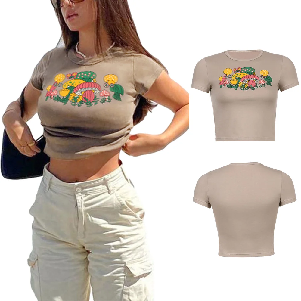 Women Round Neck Crop Tops Short Sleeve Cartoon Mushroom Print T-Shirt