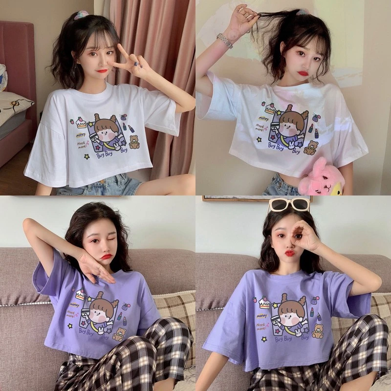 Women's Cartoon Printed T-Shirt, Summer Short Sleeve Crewneck Loose Fit Crop Tops