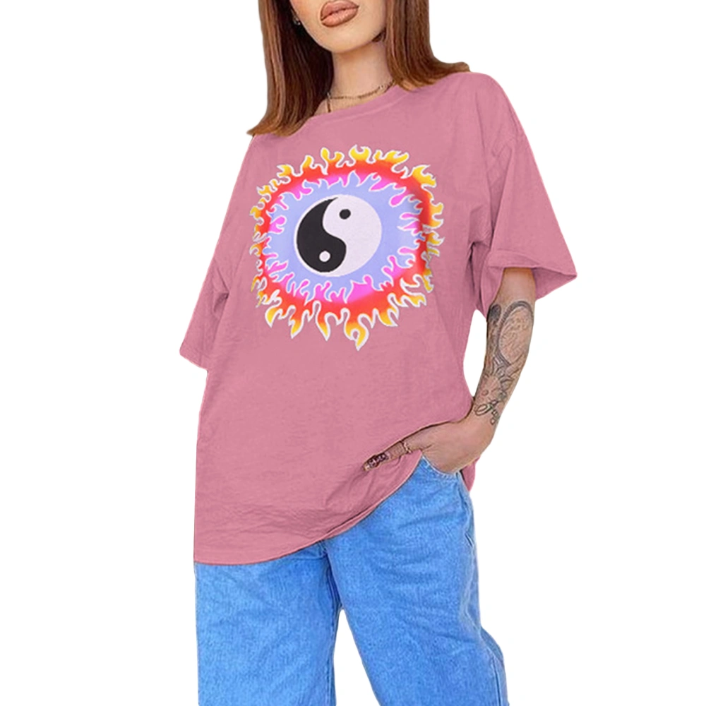 Women Loose Flame Bagua Mirror Print Short Sleeve Round Neck T-shirt