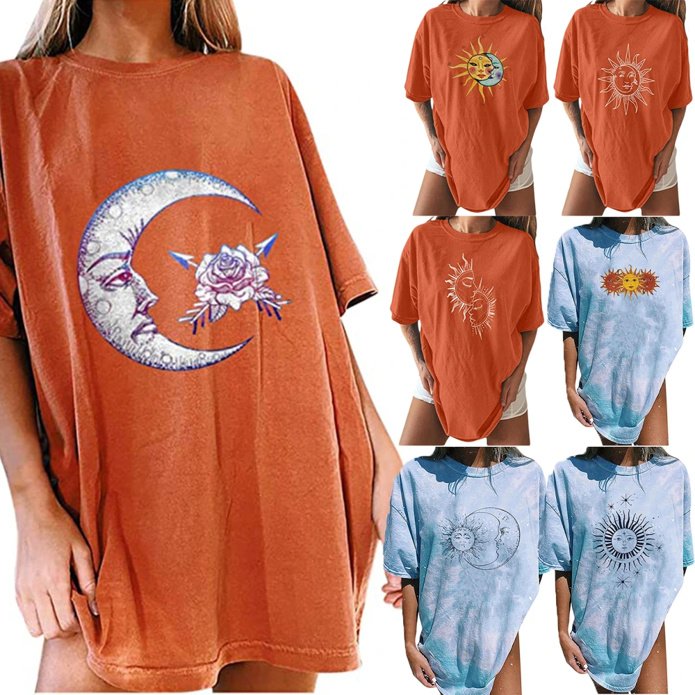 Women Ladies Round Neck Short Sleeve Loose  Sun Moon Print T-shirts