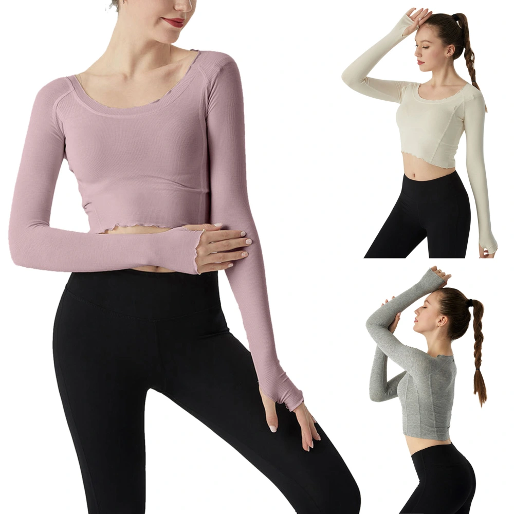 Women's Solid Color Slimming T-shirt, Long Sleeve Round Neck Ruffled Hem Crop Sports Tops for Yoga/Fitness