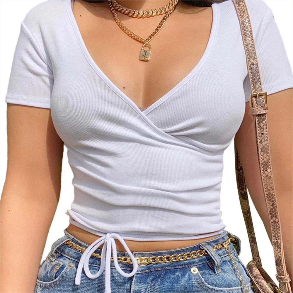 Women’s Deep V Neck Short Sleeve Bandage Solid Color Wrap T-shirt, Back Cross Lace-up Slim Fit Crop Top