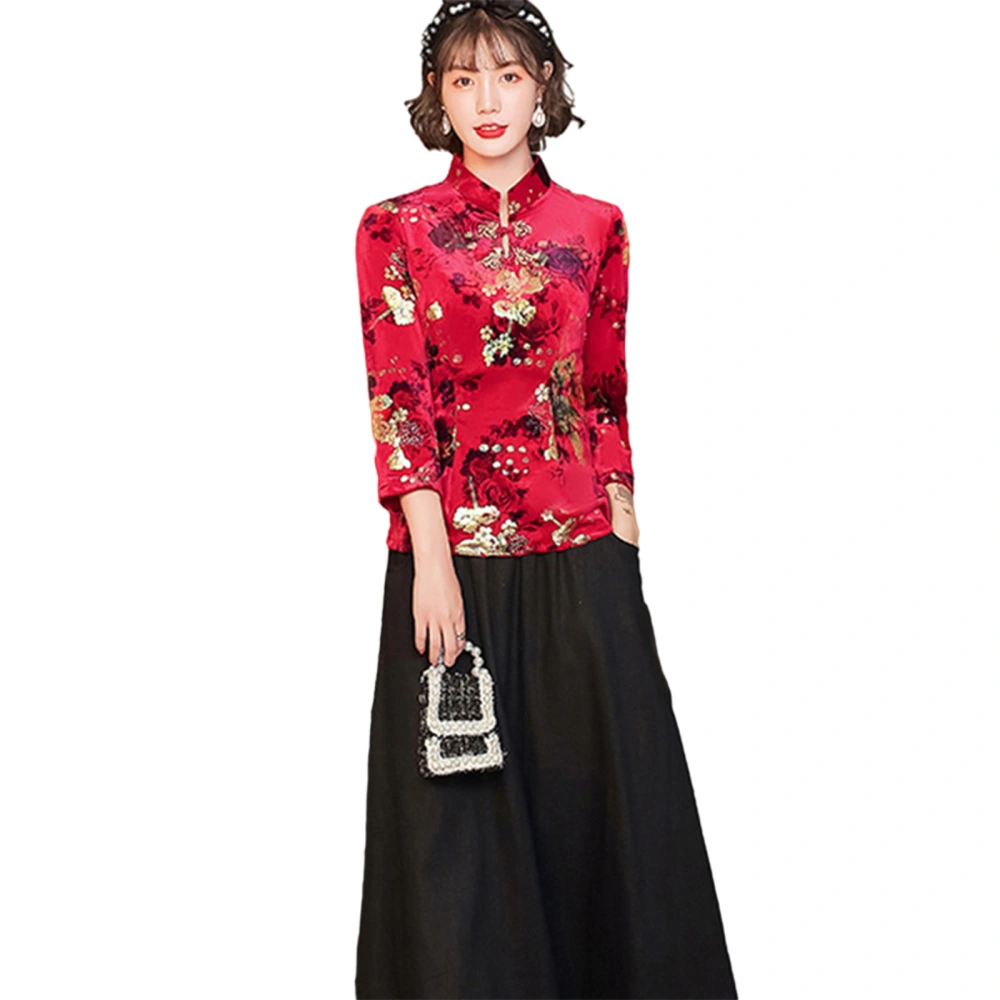 Women's Chinese Style Shirt, Stain Tops, Floral Half Sleeve Stand Collar Party Loose Retro Buttons Clothes