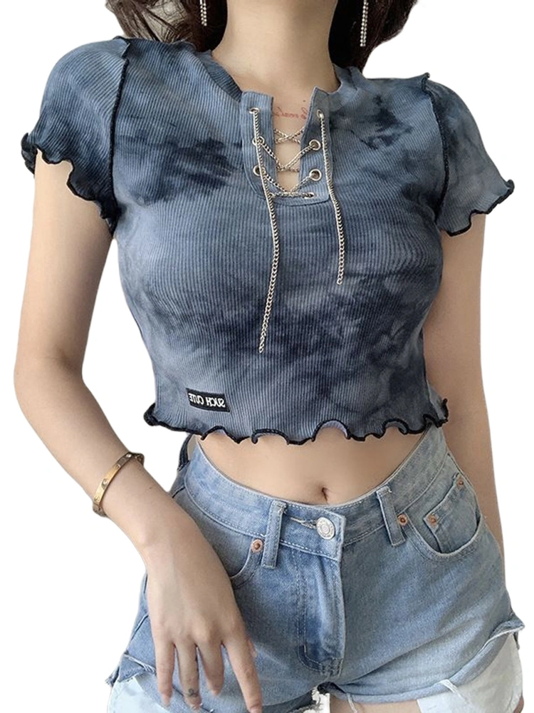 Female T-Shirt, Tie-Dye Print V-Neck Short Sleeve Crop Top Base Shirt for Women, Gray/Purple/Blue