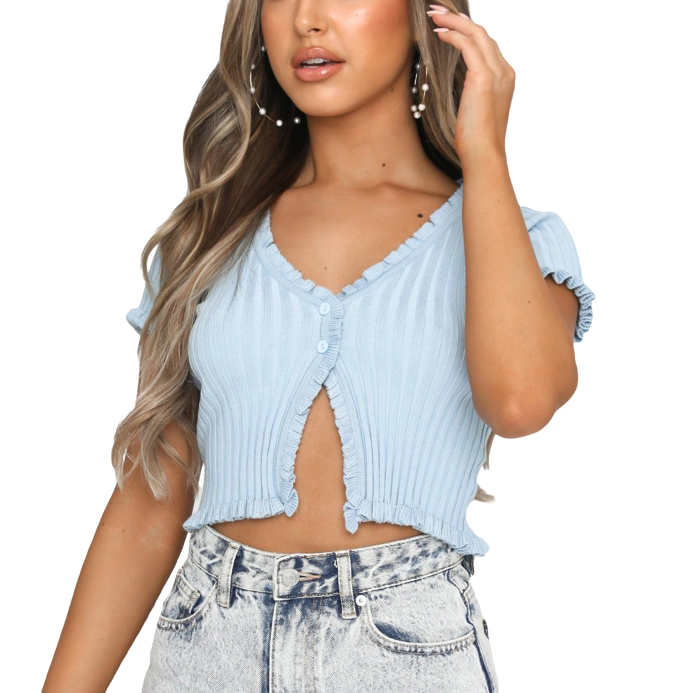 Women's Casual Knitted Tee Shirts, Short Sleeve Ribbed Knit Thin Cardigan Crop Tops