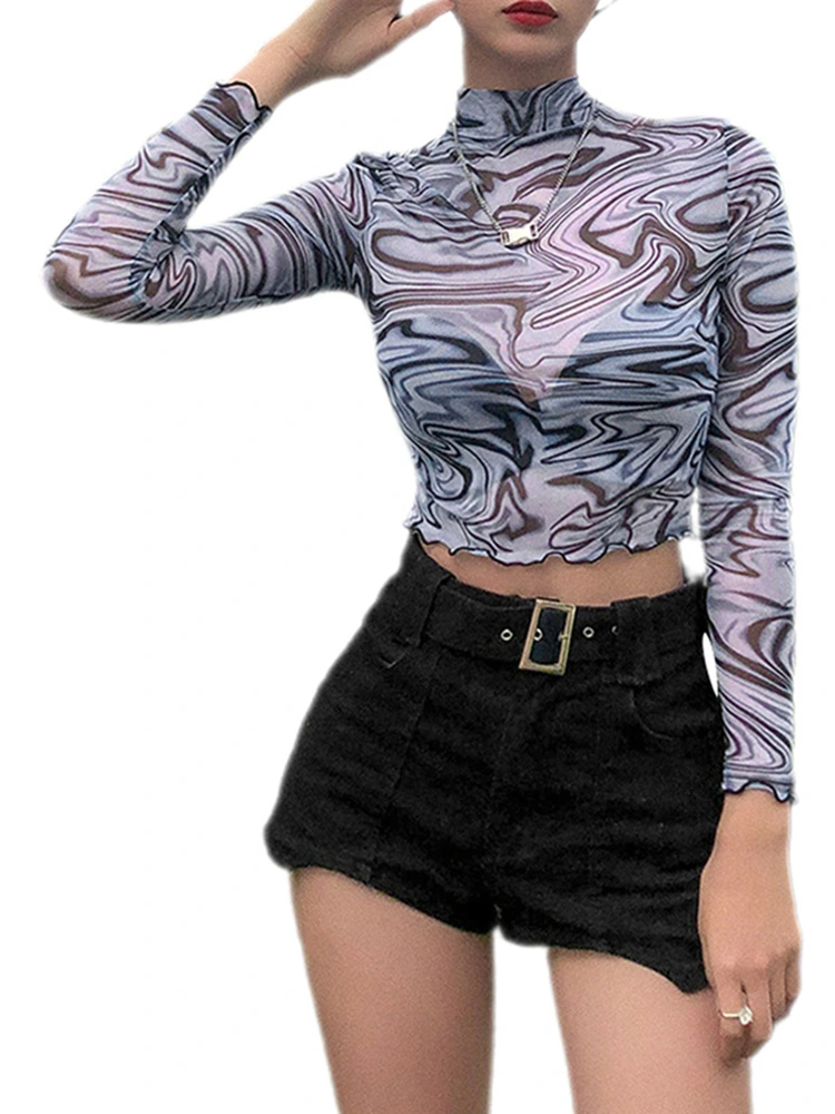 Women Printed See-through Cropped Tops, Slim Fit Long Sleeve Turtleneck Pullover for Summer