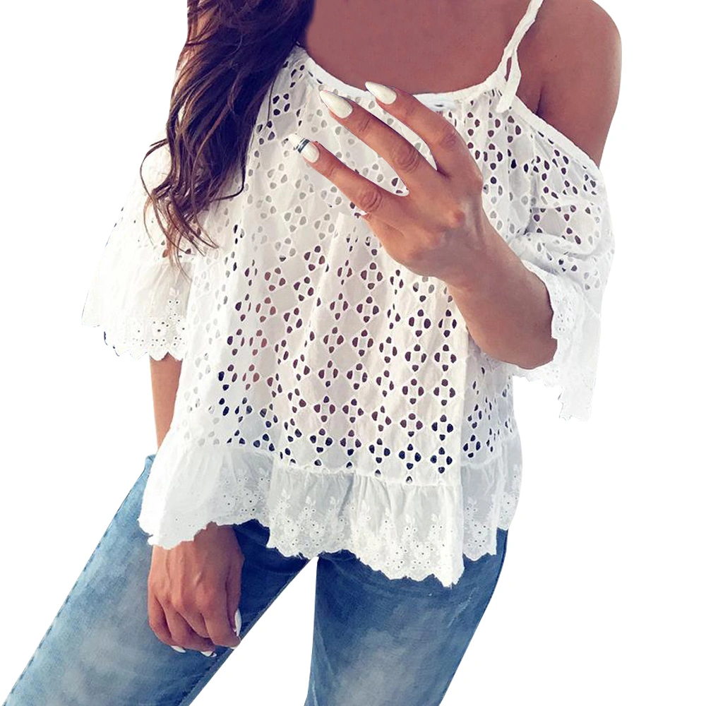 Women Summer Cold Shoulder Tops Pure Color Sexy Hollow Short Sleeve Strappy Ruffled T-shirt