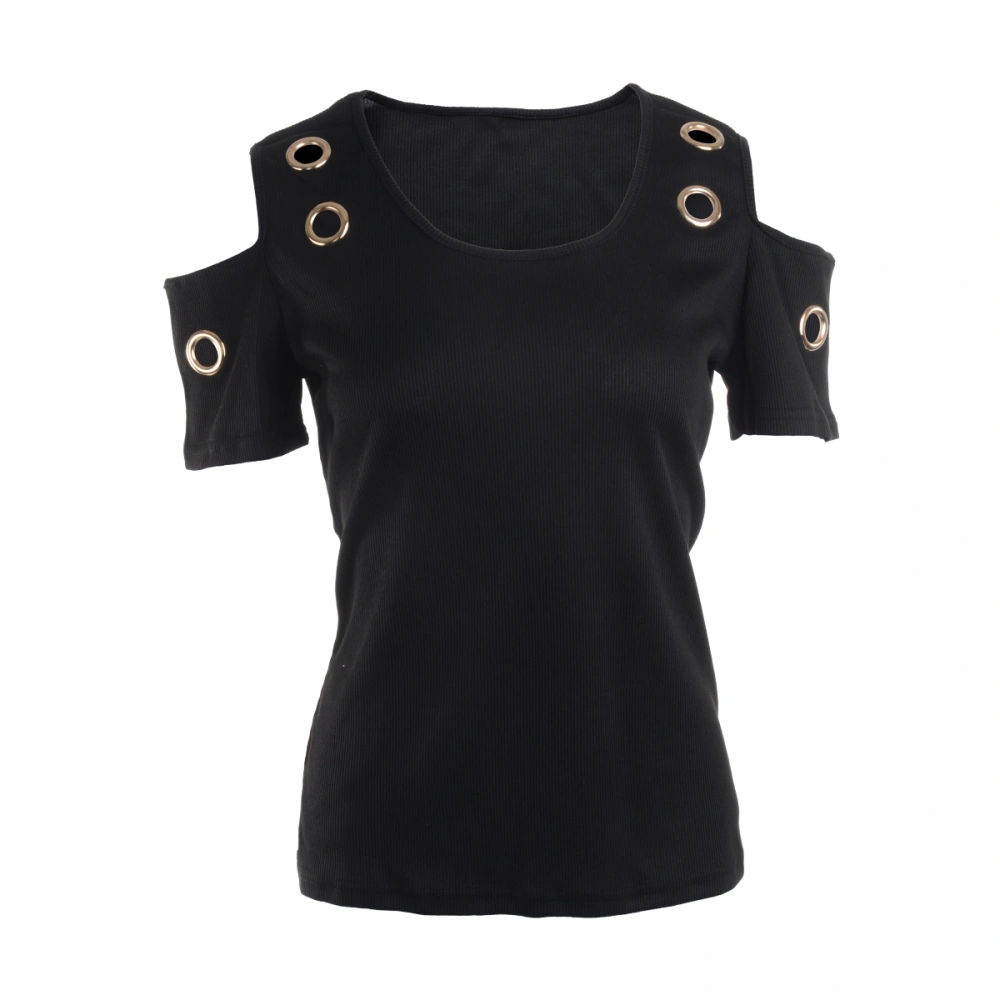 Women's Top Solid Color Round Neck Short Sleeve Hollow Metal Circle Decoration Comfortable Breathable Blouse