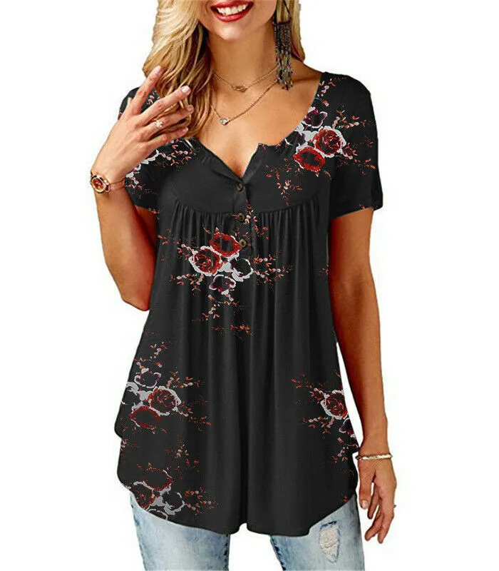 Women Summer Top, Flowers Pattern Loose V-Neck Chest Buttons Outfit, Short Sleeve Wild Fashion Pullover Casual Top Shirt