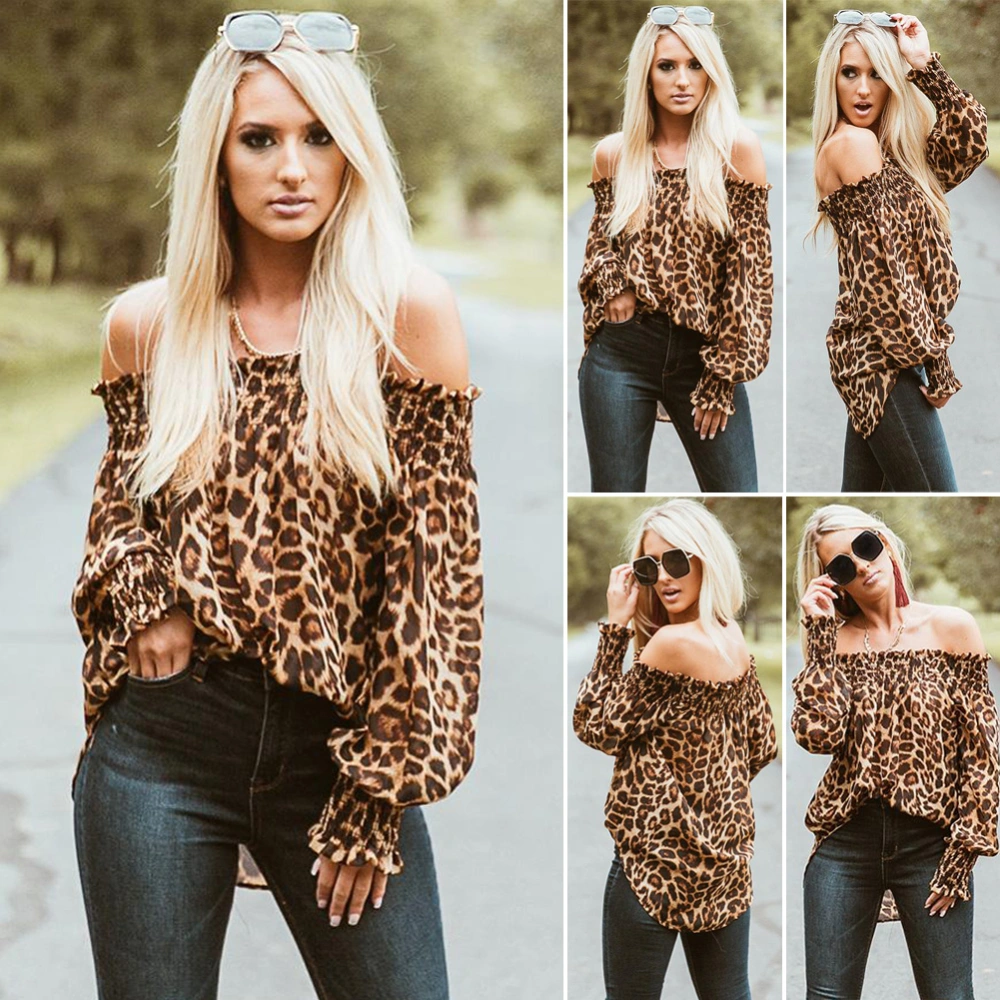 Women's Long Sleeve Tops, Leopard Printed Off Shoulder Loose Fit Top Cloth, Casual Street Style Tops