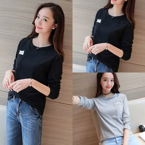 Women's Long Sleeve T-Shirt Cute Kitten Print Cartoon Top Casual Autumn Blouse Outfit