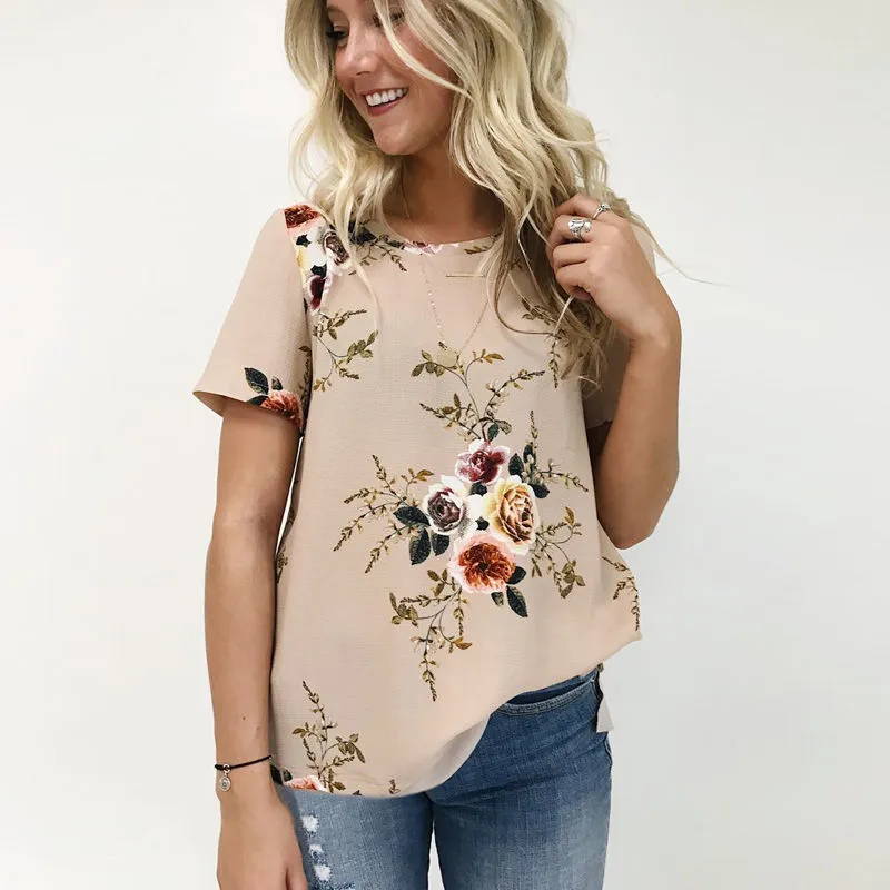 Women's Floral Pattern T-Shirt, Casual Short Sleeve Loose Fit Blouse with Decorative Flowers