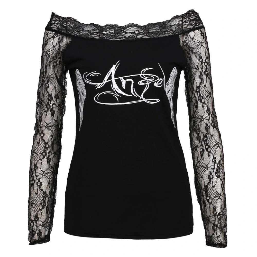 Women's Long Sleeve T-Shirt, Lace Patchwork Angel Wings Printed Casual Top Tees, Outwear Simple Tops