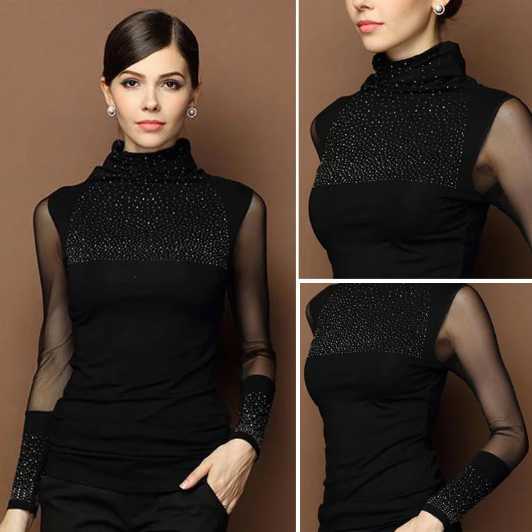 Women Half Turtleneck Top Long Sleeve Slim Stitching Mesh See-Through Sequins Blouse Shirt